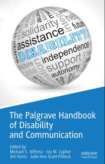 Front cover of The Palgrave Handbook of Disability and Communication featuring a white sphere tilted on its axis like the globe with words printed in various directions covering it. The word 
